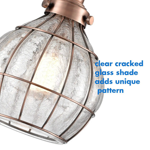 Red Antique Copper Glass Pendant Light With Cracked Glass Shade, close-up of the cracked glass design and copper finish