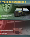 E-HELP 5 Ton Cordless Electric Car Jack Kit With Impact Wrench And Dual Lithium Batteries shown beside a wired jack.