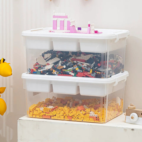 No Fuss 17 Qt Clear Plastic Storage Box With Bricks Compatible Baseplate Lid And Removable Tray For Craft Organization Beads Tools Sewing Supplies And DIY Projects showing stacked trays filled with colorful building bricks