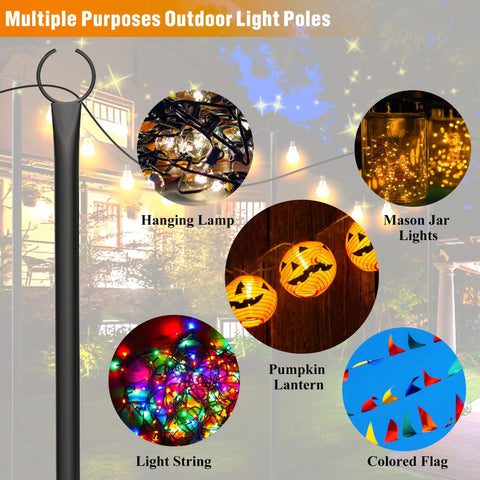 Outdoor String Light Poles 8.9ft Heavy Duty Poles With 5 Prong And Hooks supporting various lights on patio