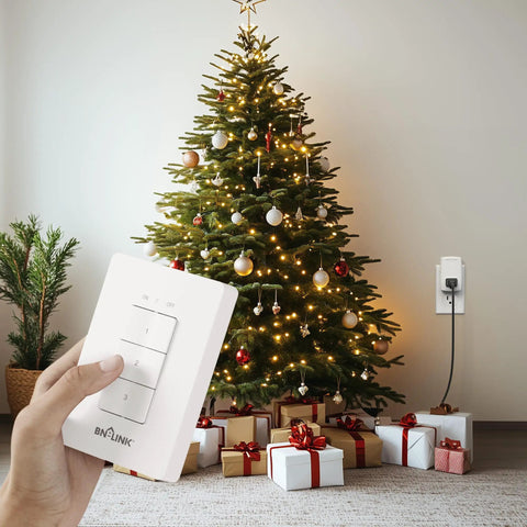 Mini Wireless Wall Mount Remote Outlet Switch Kit With 3 Plug In Outlets for Household Appliances shown near Christmas tree.