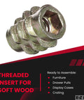 Zinc Hex-Flush Threaded Insert For Soft Wood, 10-24 Internal Threads, 0.512 Inch Length, Hex Drive, Pack Of 50, Durable Fasteners