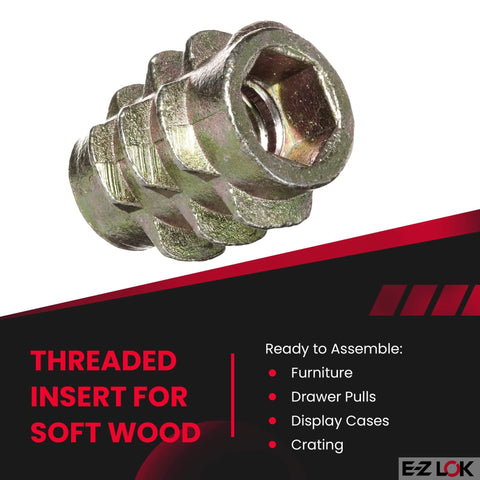 Zinc Hex-Flush Threaded Insert For Soft Wood, 10-24 Internal Threads, 0.512 Inch Length, Hex Drive, Pack Of 50, Durable Fasteners