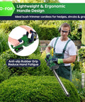 Man using Cordless Hedge Trimmer With Battery And Charger For Quick Yard Work 20V Power Tool 22 Inch Dual Action Blade on bushes
