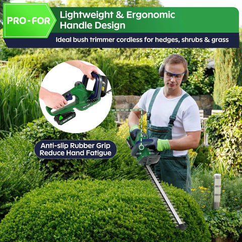 Man using Cordless Hedge Trimmer With Battery And Charger For Quick Yard Work 20V Power Tool 22 Inch Dual Action Blade on bushes