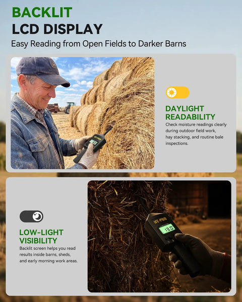 Hardcore Hay Moisture Meter With 20 Inch Reinforced Probe, Digital Temperature Readout For Alfalfa And Bales, Pro Grade Carry Bag Included, Works On Square And Round Hay Bales, Keeps Your Harvest Fresh And Storage Safe.