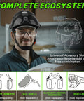 Man wearing Safety Hard Hat With Tinted And Clear Visor Vented Construction Helmet ABS Work Hard Hat For Men Six Point Suspension Adjustable Chin Strap