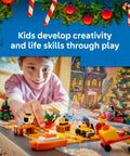 Ultimate Holiday Advent Calendar Set For 2026 Featuring Twenty Four Sweet Mini Surprises And Rad Brick Pieces Designed For Kids Five Plus, child playing with mini Lego figures and decorations.