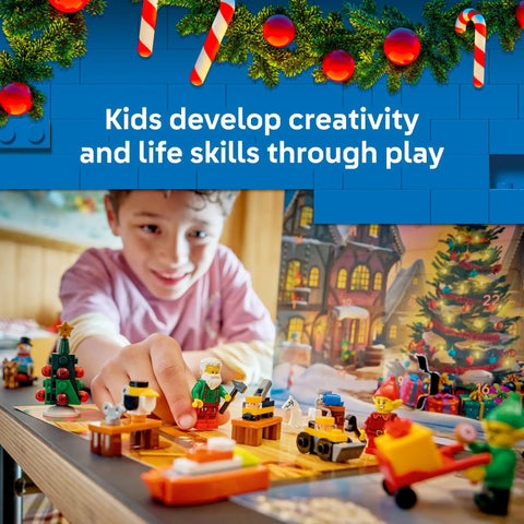 Ultimate Holiday Advent Calendar Set For 2026 Featuring Twenty Four Sweet Mini Surprises And Rad Brick Pieces Designed For Kids Five Plus, child playing with mini Lego figures and decorations.