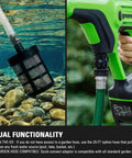 Cordless 24V 600 PSI Pressure Washer Power Cleaner With 4Ah USB Battery and 2A Charger shown with dual functionality siphon hose.