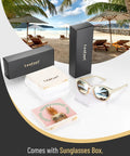Trendy Cream Colorblock Polarized Sunglasses For Women Featuring Retro Square Frames And UV400 Mirrored Lenses That Totally Hit Different On Any Streetwear Fit with packaging.