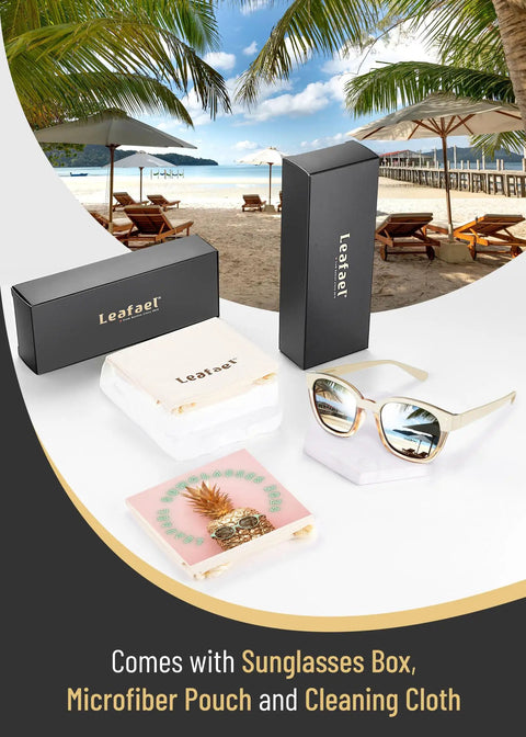 Trendy Cream Colorblock Polarized Sunglasses For Women Featuring Retro Square Frames And UV400 Mirrored Lenses That Totally Hit Different On Any Streetwear Fit with packaging.