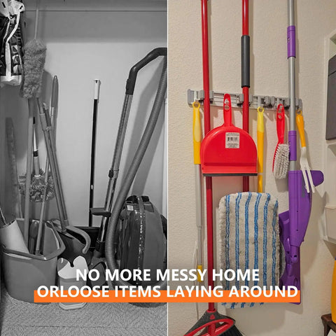 Wall Mount Broom Holder Storage Rack Kit 2 Pack With 5 Racks And 4 Hooks organizing mops and brooms in a tidy arrangement
