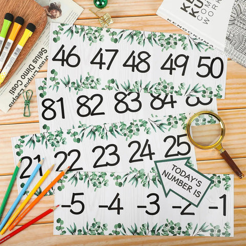 Boho Number Line Bulletin Border Set 34Ft For Classrooms With Minus 20 To 120 Numbers And Todays Number Card displayed on table