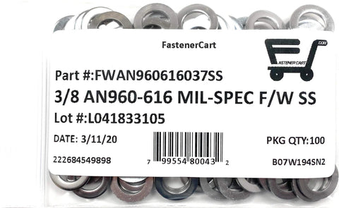 Front view of 100-piece bag of 3/8 in AN960-616 Mil-Spec stainless steel flat washers
