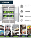 Heavy Duty 54 Inch Upright Commercial Beverage Refrigerator 42 Cubic Foot Stainless Steel Double Glass Door Beer Cooler with open doors and adjustable shelves.