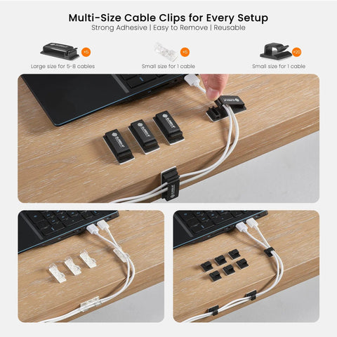 Dope 316 Piece Cable Management Organizer Kit with cable clips organizing desk wires neatly under a laptop.