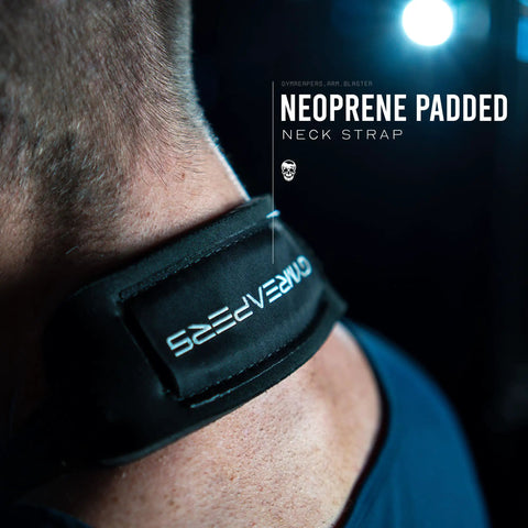 Close-up of neoprene padded neck strap on Arm Blaster For Bigger Biceps With Thick Aluminum Build Contoured Padded Edges Adjustable Elbow Posture Support Isolates Curls For Serious Arm Gains Weightlifting And Bodybuilding Essential Black.