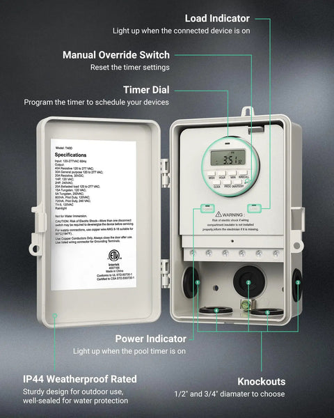 Digital Pool Pump Timer With No Sweat Weekly Scheduling And Five Versatile Modes Rock Solid 40 Amp Protection For Heavy Duty 2HP Equipment Quick Install Durable Weather Proof Housing with timer dial and manual override switch.