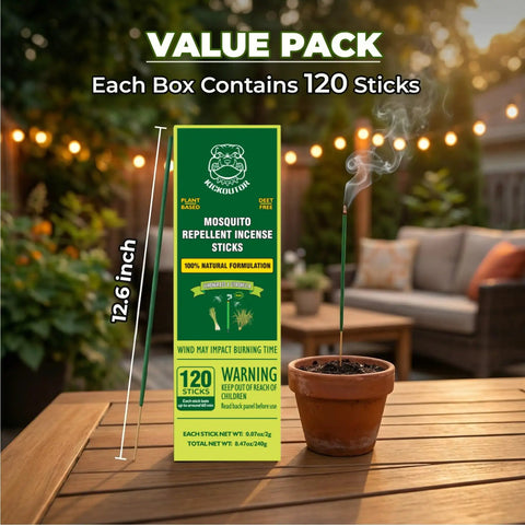 Outdoor Mosquito Repellent Incense Sticks, 120 Pack With Natural Citronella, Lemongrass And Rosemary Essential Oils, DEET Free, Pet Safe.