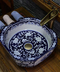 Handcrafted Blue And White Ceramic Vessel Sink With Zero Absorption Glaze Heavy Duty Build For Daily Use Knockout Countertop Basin top view