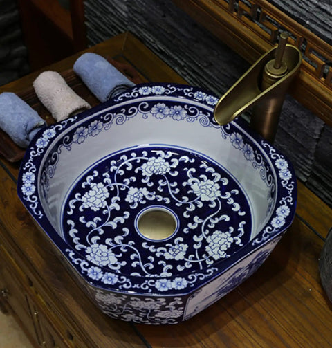 Handcrafted Blue And White Ceramic Vessel Sink With Zero Absorption Glaze Heavy Duty Build For Daily Use Knockout Countertop Basin top view