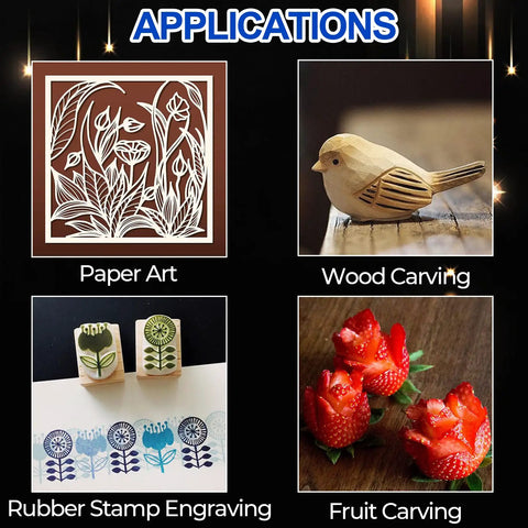 Applications of Pro Grade Number Eleven Exacto Knife Blades Set, 150 Pieces including paper art, wood carving, stamping, fruit carving.