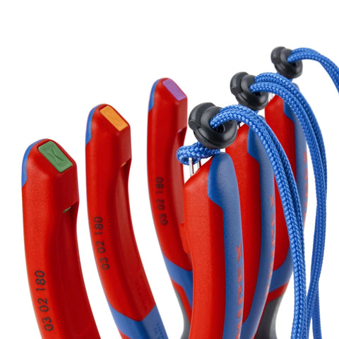 KNIPEX 9.5-inch ultra-high-leverage lineman's pliers bundle; red handles, blue lanyards.