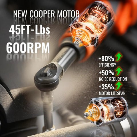 Three-Eighths Inch Cordless Electric Ratchet Wrench Set With Extended Long Neck For Deep Auto Work, A Slick 16V Power Tool Kit That Delivers Up To 45 Ft-Lbs Torque, 600 RPM, Two Batteries, LED Light, 9-Piece Accessories And Tool Box, motor graphic