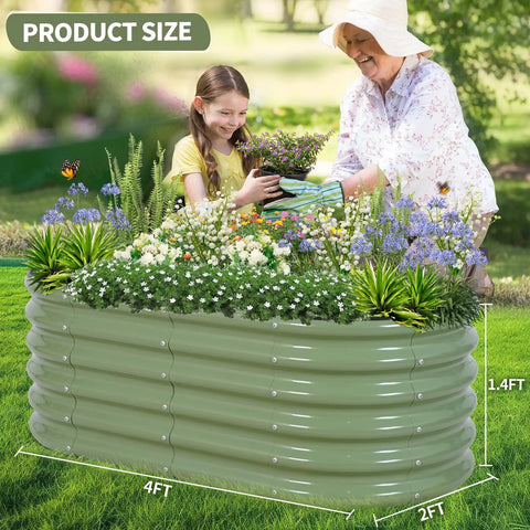 Galvanized Raised Garden Bed Kit 4x2x1.4 Ft Oval Steel Outdoor Planter With Safe Folded Edge, Built In Iron Clips