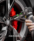 Slim Profile 33-Piece Deep Well Bolt Extractor Kit in use with power drill on car wheel