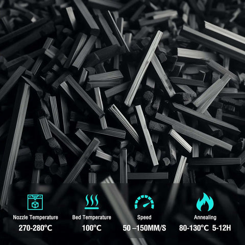 Close-up of Carbon Fiber Reinforced Nylon Filament PA6-CF 1.75mm 1kg in Frosted Black with temperature guidelines