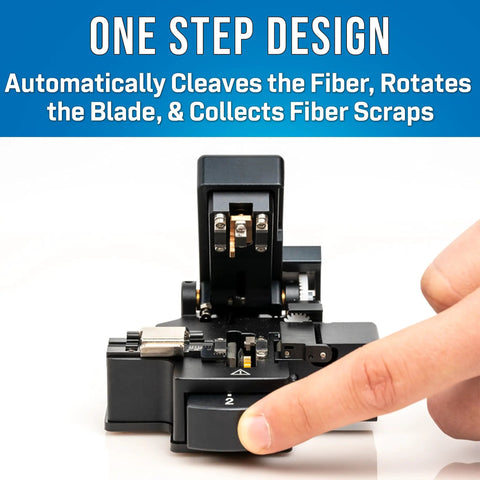One Step Fiber Optic Cleaver With Auto Rotating Blade For Precise Cleaves And Scrap Collection close-up with finger on control.