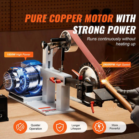 Badass Belt Grinder Sander With Slick Variable Speed VFD Drive And 2Hp Motor For 72X2 Inch Belts showcasing pure copper motor and belt operation.