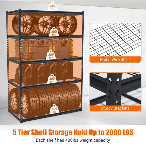 Beefy Heavy Duty Metal Shelving Unit With Adjustable Racks For Serious Garage Storage 5 Tier Steel Shelves 2500 Lb Capacity Basement Workshop Must Have Organizer For Tools And Supplies 48x24x72, 5-tier black steel rack with wire shelves