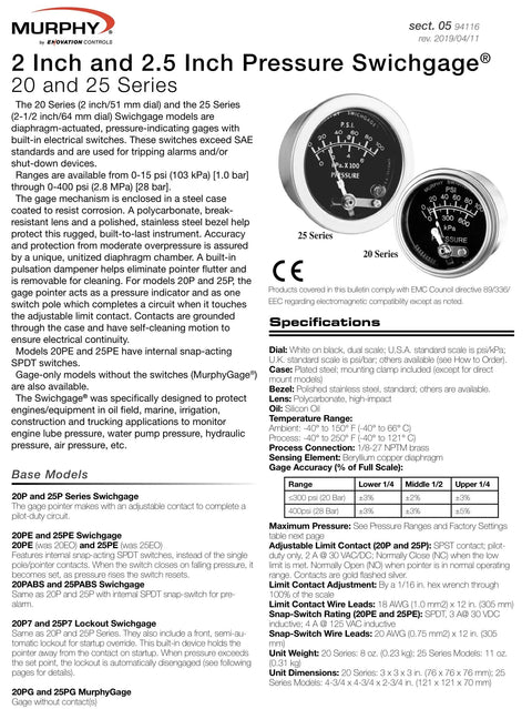 20P 100 Pressure Swichgage With Built In Electrical Limit Switch For Alarm Tripping And System Shutdown Two Inch Dial Diaphragm Actuated Gauge, 20 Series