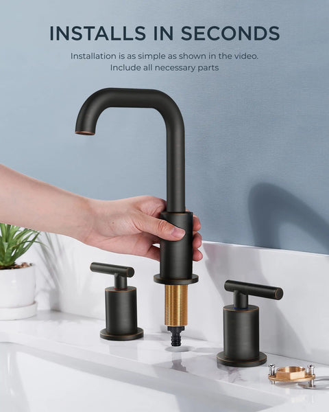 Installation of Two Handle 8 Inch Widespread Oil Rubbed Bronze Bathroom Faucet With Metal Pop Up Drain And cUPC Supply Lines.