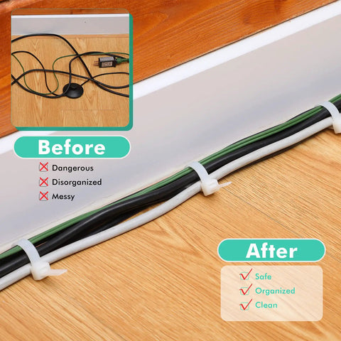 Before and after using Heavy Duty 50 Pack 36 Inch Cable Zip Ties Ultra Strong Nylon Wire Ties, organized cables on floor.
