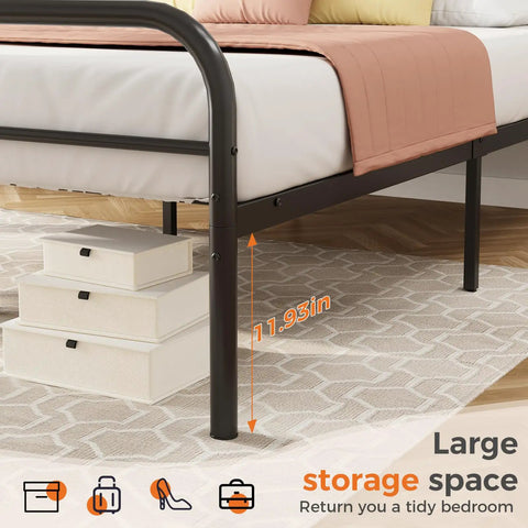 Queen Metal Platform Bed Frame Featuring Trendy Spherical Headboard, Rock Solid Steel Slat Support, Generous Underbed Storage shown with 11.93 inches clearance.