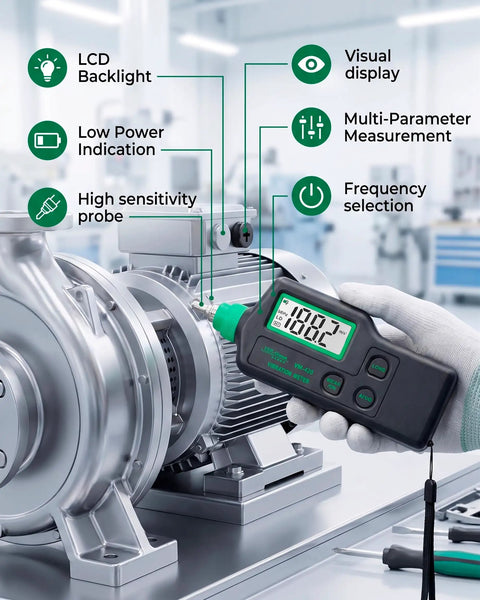 VM-420 Handheld Industrial Vibration Meter For Motors Pumps And Fans in use, displaying real-time vibration data