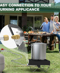 Propane regulator with gauge and stainless hose for LP gas, connected to a propane tank and outdoor burner with a large pot.