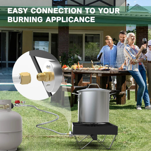 Propane regulator with gauge and stainless hose for LP gas, connected to a propane tank and outdoor burner with a large pot.