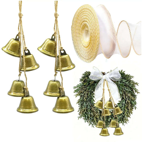 Farmhouse Bell Set For Cozy Rustic Vibes Antique Bronze Iron Cow Bells Door Hanging Decor Set of 2 with Jute Rope and Ribbon