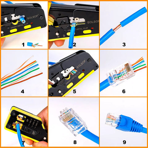 Step-by-step crimping process using All In One Pass Through RJ45 Crimp Tool Kit With Network Cable Tester For Cat5-Cat7 cables.