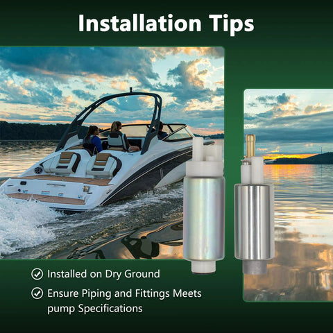 Beefed-Up Dual High Pressure And Lift Fuel Pump For Mercury Optimax Outboard Engines next to a boat illustration.