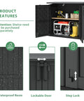 36 Cu Ft Weatherproof Outdoor Storage Cabinet With Dual Lockable Doors And Floor For Garage Patio Backyard Featuring Foot Operated Latch And Pre Drilled Locking Holes For Boss Level Security In Black, showing open cabinet with tools and features