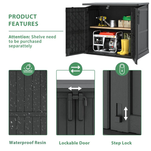 36 Cu Ft Weatherproof Outdoor Storage Cabinet With Dual Lockable Doors And Floor For Garage Patio Backyard Featuring Foot Operated Latch And Pre Drilled Locking Holes For Boss Level Security In Black, showing open cabinet with tools and features