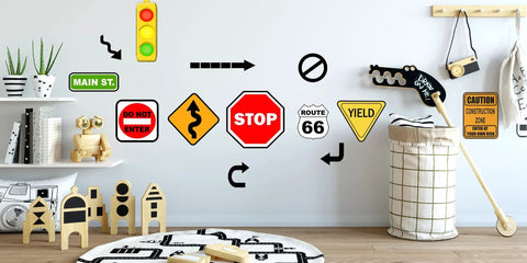 Road Sign Wall Decals For Kids Room Street Sign Decor Stickers Do Not Enter Stop Sign One Way Traffic Light Yield Caution