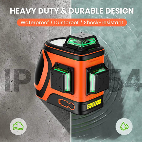 Heavy duty orange outdoor laser level with green beam, waterproof and shock-resistant design, focus keyword: Outdoor Laser Level With Receiver Worksite Ready Pro Grade Daylight Visible Green Beam 360 Self Leveling Range Up To 400 Feet With Detector Beaming Precision For Construction Landscaping And Exterior Projects.