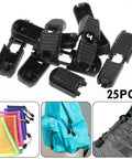 25 Pack Zipper Pull Tabs And Cord Ends For Shoelaces And Gear Fixes, Black Plastic Ends For Ropes Under 3.5mm shown with uses